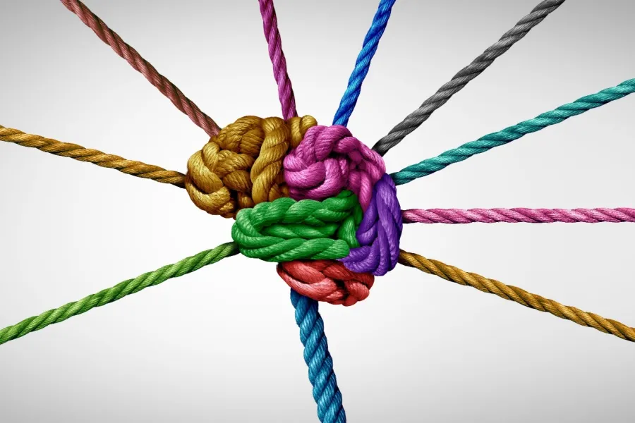 cerebro hecho sobre hilos de diferentes colores sobre fondo blanco. Sesión de terapia cognitivo-conductual